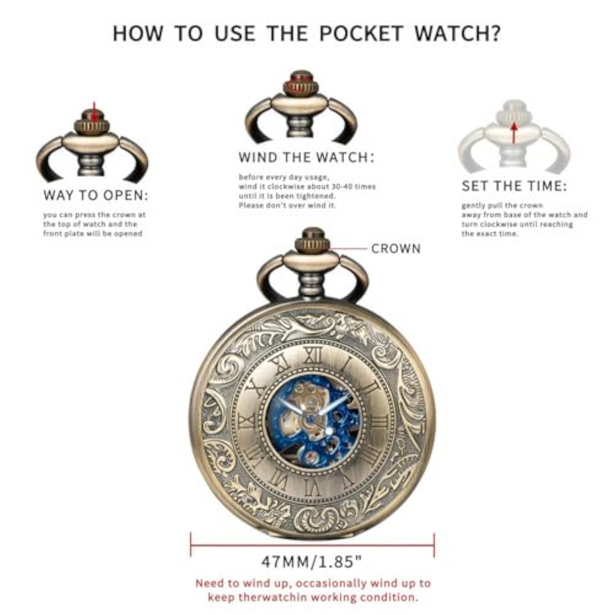 Mechanical Bronze Skeleton Pocket Watch with Chain, Gift for Him